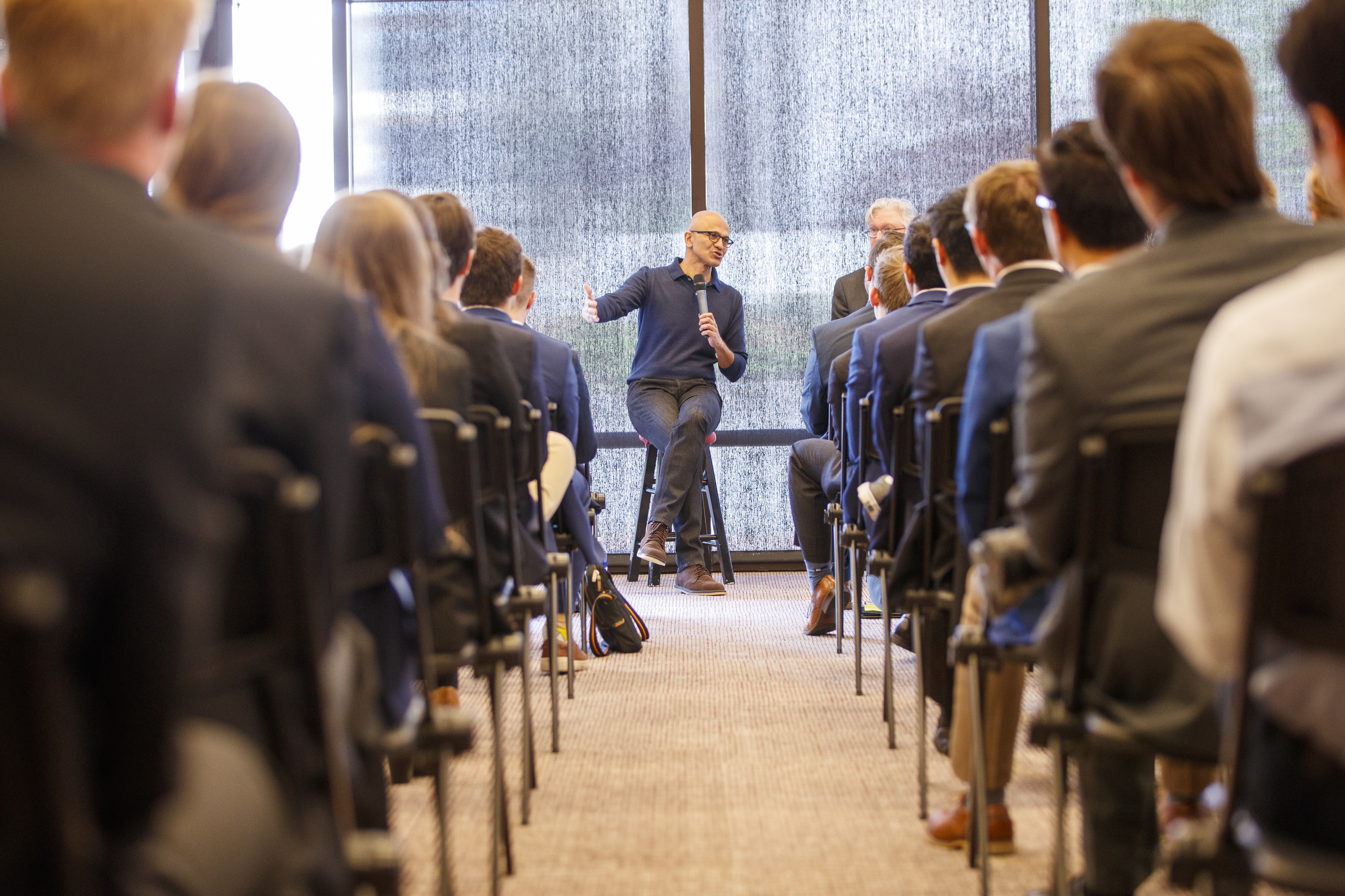 Microsoft CEO Satya Nadella talks with students from Nebraska's Jeffrey S. Raikes School of Computer Science and Management on April 18. Satya also participated in a public talk at the Lied Center for Performing Arts.