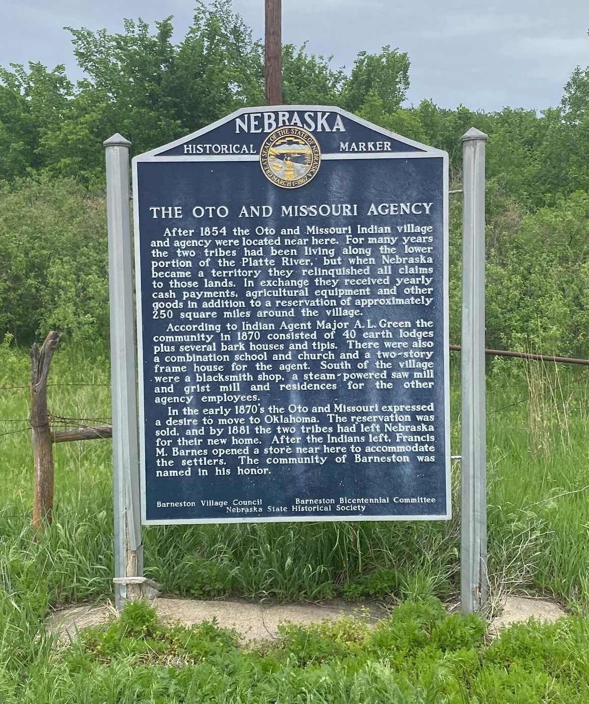 A Nebraska Historical Marker titled "The Oto and Missouri Agency."