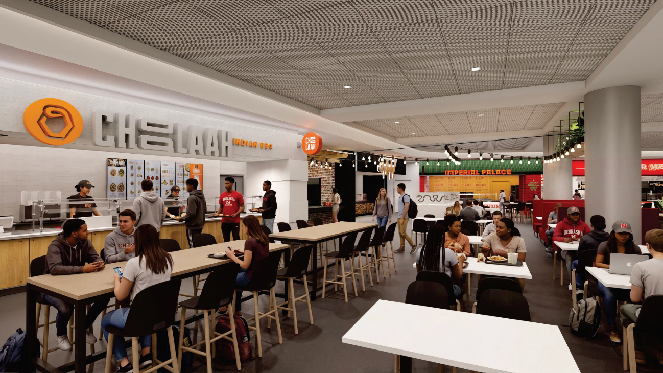 Students sit at tables in a food court with Choolaah, Sossy and Imperial Palace restaurants seen.