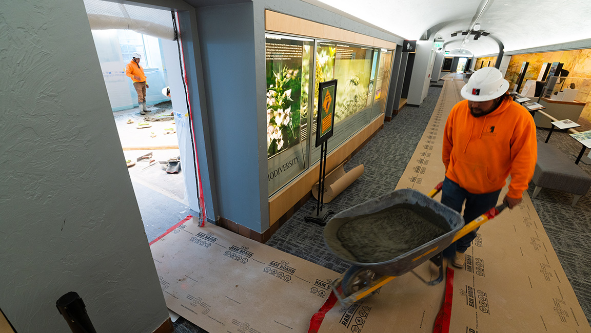 Concrete is rolled by wheelbarrow into the Marx Discovery Center.