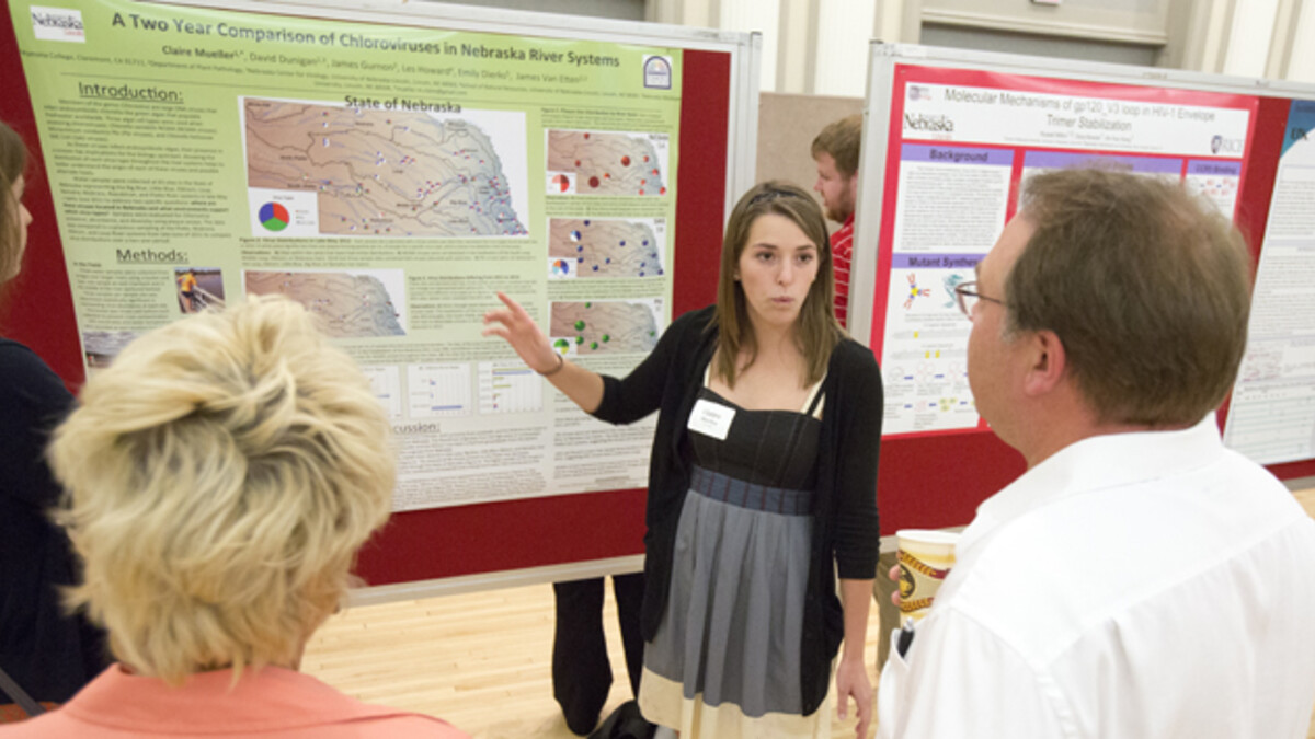 A student showcases her research project during the 2012 Nebraska Summer Research Symposium. The 2014 event is Aug. 6 in the Nebraska Union.