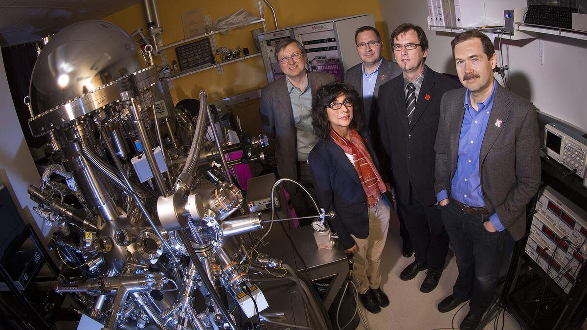 Evgeny Tsymbal, (back row, far left) director of UNL’s Materials Research Science and Engineering Center, with colleagues (from left) Shireen Adenwalla, seed projects leader; Axel Enders, associate director/education director; and research group leaders Christian Binek and Alexei Gruverman. All are UNL physicists. 
