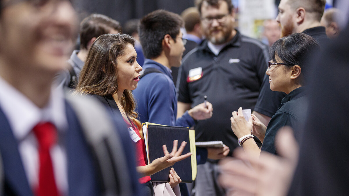 Huskers interact with potential employers during the University of Nebraska–Lincoln's fall 2018 career fair at Pinnacle Bank Arena. The spring career fairs are Feb. 12-13 and will be at Embassy Suites. Events to prepare for the career fairs are Feb. 6-7.