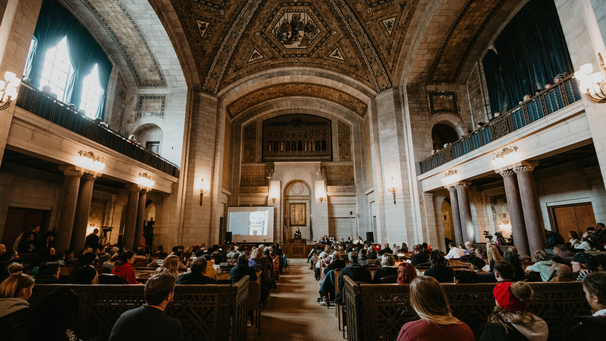 Students gather in the West Legislative Chamber in the Nebraska State Capitol during a Martin Luther King Jr. rally on Jan. 21. The chamber is home to the Nebraska Unicameral.