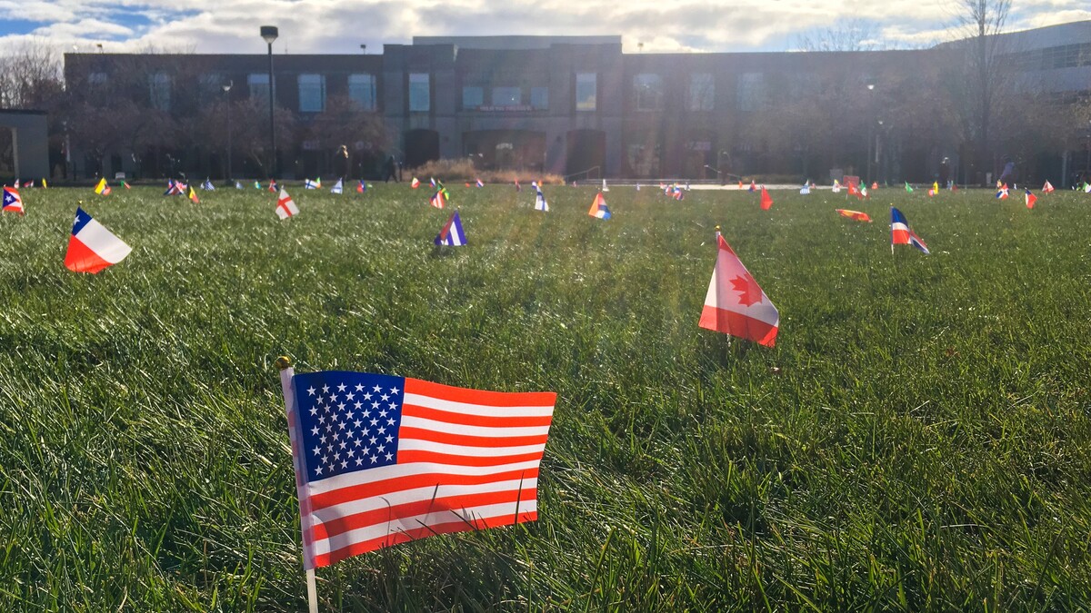 International flag display on the Green Space outside the Nebraska Union from 2019.