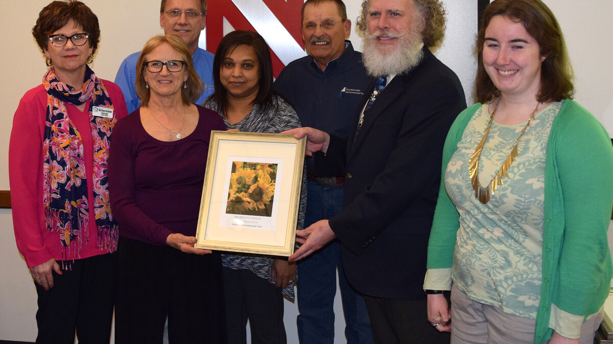 Nebraska Statewide Arboretum Board President Wanda Kelly (far left) presents the President's Citation Award to (from left) Nebraska Environmental Trust Director Mark Brohman and representatives Marilyn Tabor, Sheila Johnson, Henry Brandt, Paul Dunn and Allison La Duke at an awards reception March 4 in Lincoln.