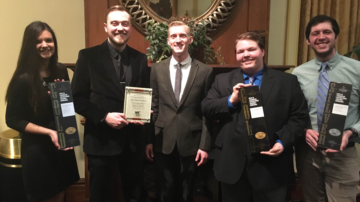 The 2015 UNL NSAC team -- including (from left) Shelby Rohlff, Rhett Muller, Chris Dorwart, Casey Venema and Will Stott -- won three awards at the Nebraska American Advertising ADDY Awards Feb. 20 in Omaha.