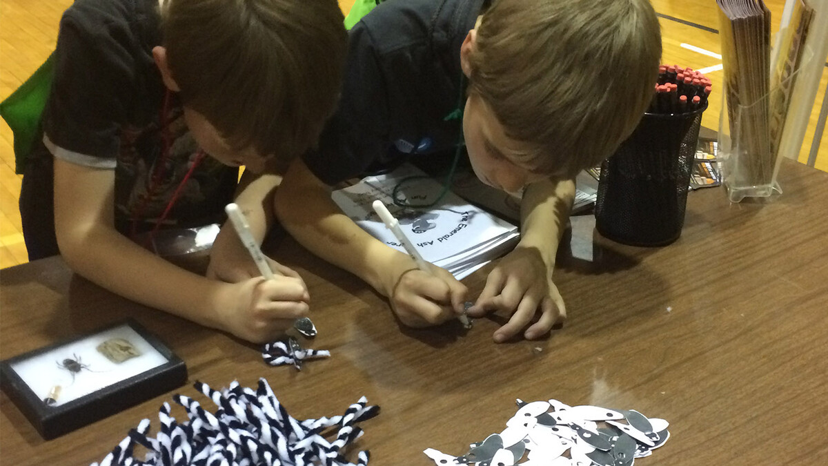 Two children work to build an Asian long-horned beetle as part of a community event with the Nebraska Invasive Species Program.