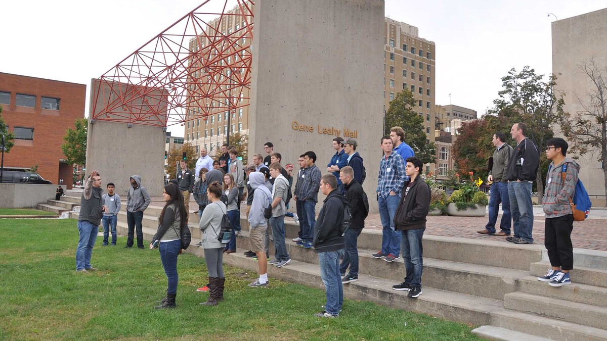 UNL College of Engineering students tour Omaha's Gene Leahy Mall in 2014.