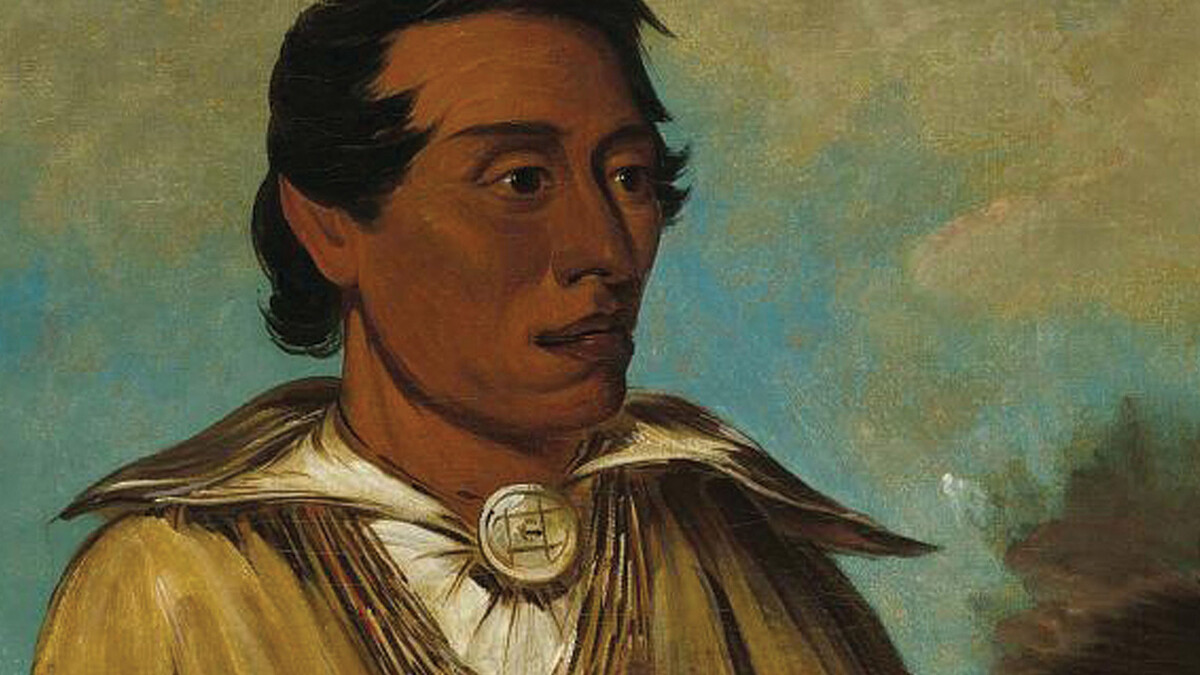 Artist George Catlin visited the Kickapoos at Fort Levenworth in 1830, where Kenekuk, the Kickapoo Prophet, likely sat for this portrait. Catlin described him as "a very shrewd and talented man."