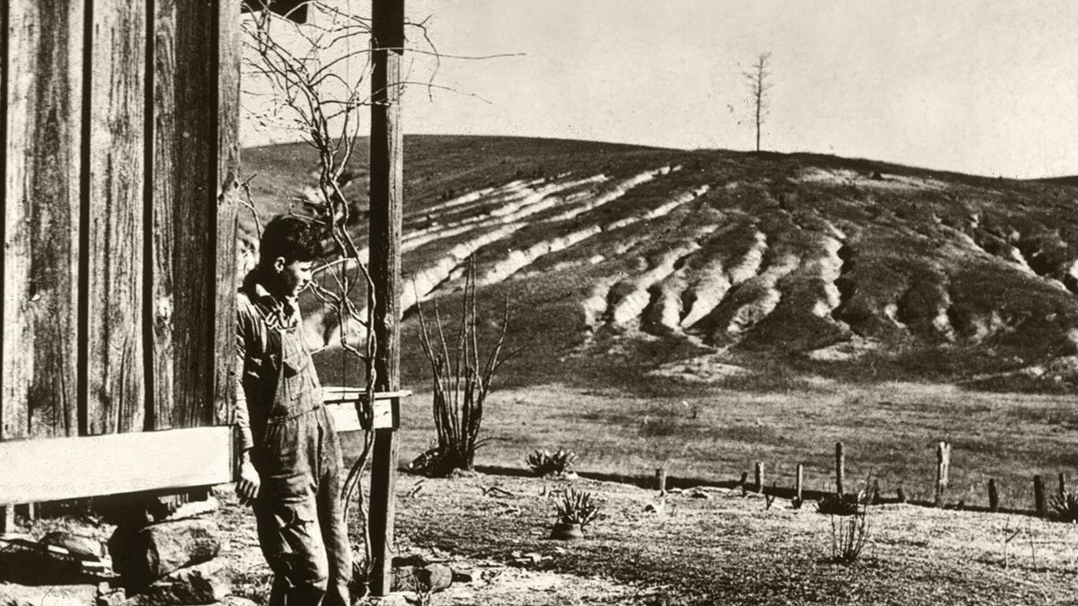 Severely eroded farmland during the Dust Bowl.