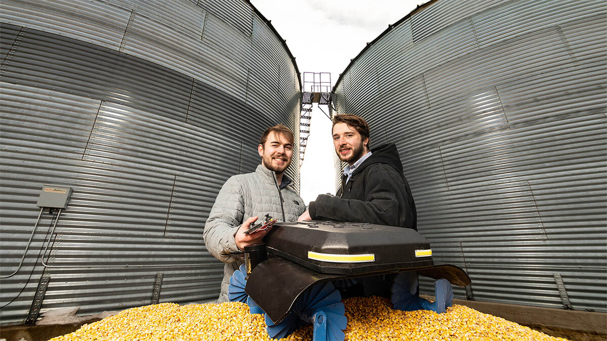 Ben Johnson (left) and Zane Zents recently won a Lemelson-MIT Student Prize for their grain-safety robot, the Grain Weevil.