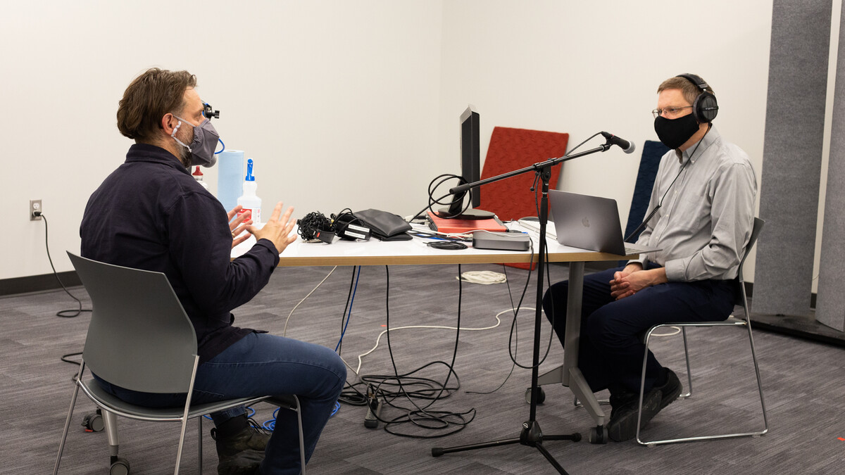 Associate Dean Christopher Marks interviews Assistant Professor of Emerging Media Arts Jesse Fleming for an upcoming episode of the ArtsCast Nebraska podcast.