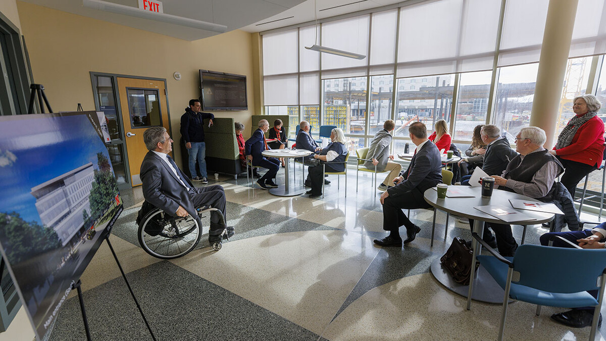 College of Engineering Dean Lance Pérez and the Board of Regents admire the construction of Kiewit Hall while on their tour April 7.