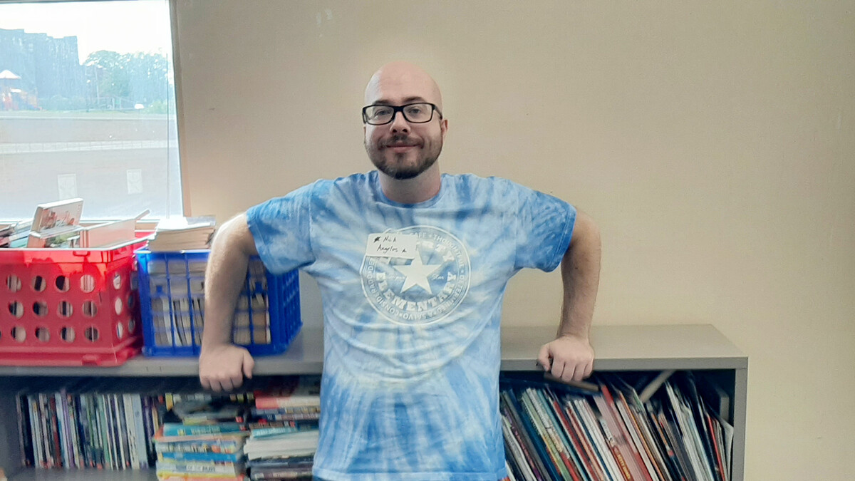 Nick Angelos stands in his classroom at Liberty Elementary School in Omaha.