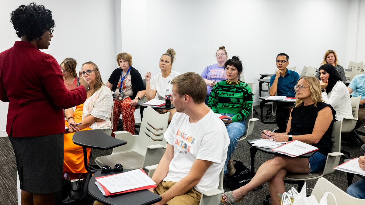 Vann Price, associate superintendent for human resources at Lincoln Public Schools, speaks to the first cohort of the Para Pathway to Teaching pilot program Aug. 10 at the Barkley Center on East Campus.