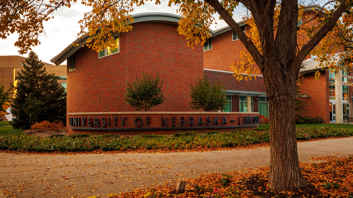 The front of the Van Brunt Visitors Center at the University of Nebraska–Lincoln on a fall day.