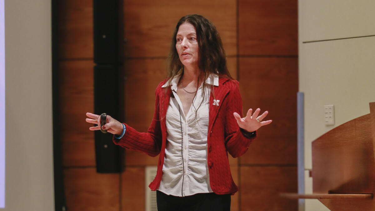 Rochelle Dalla, professor of child, youth and family studies at the University of Nebraska–Lincoln, presents a Nebraska Lecture April 30 in the Nebraska Union's Swanson Auditorium. The lecture focused on family-facilitated human trafficking.