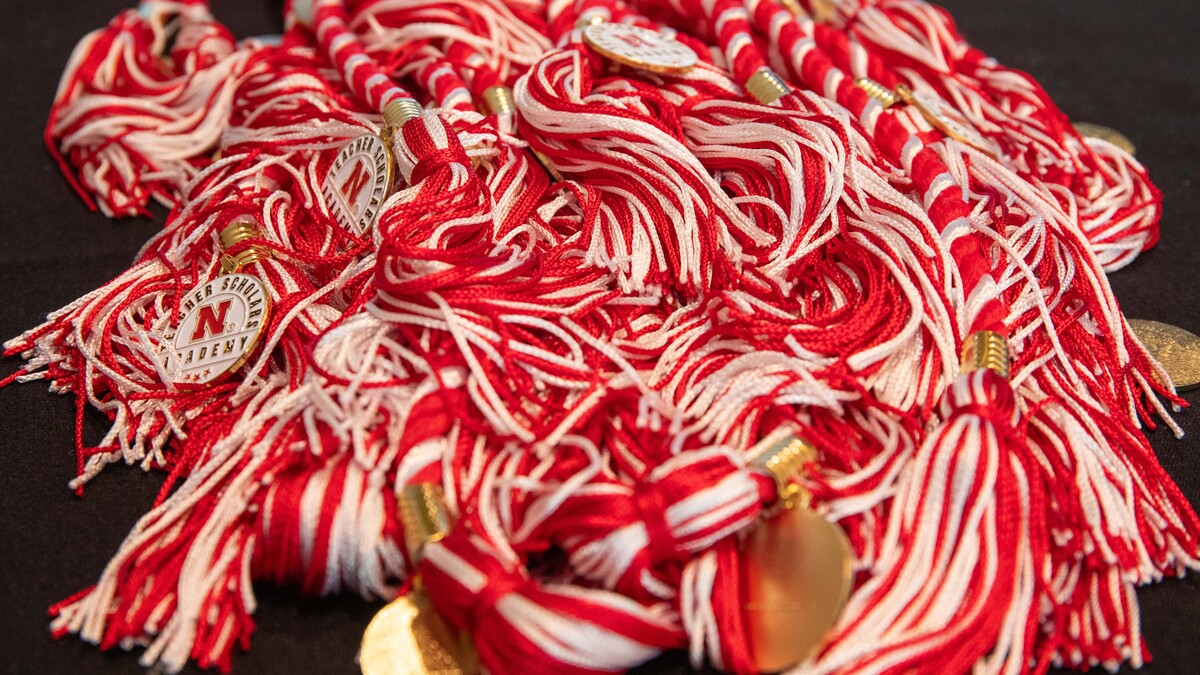 A pile of red-and-white honor cords with medallions that say "Teacher Scholars Academy."