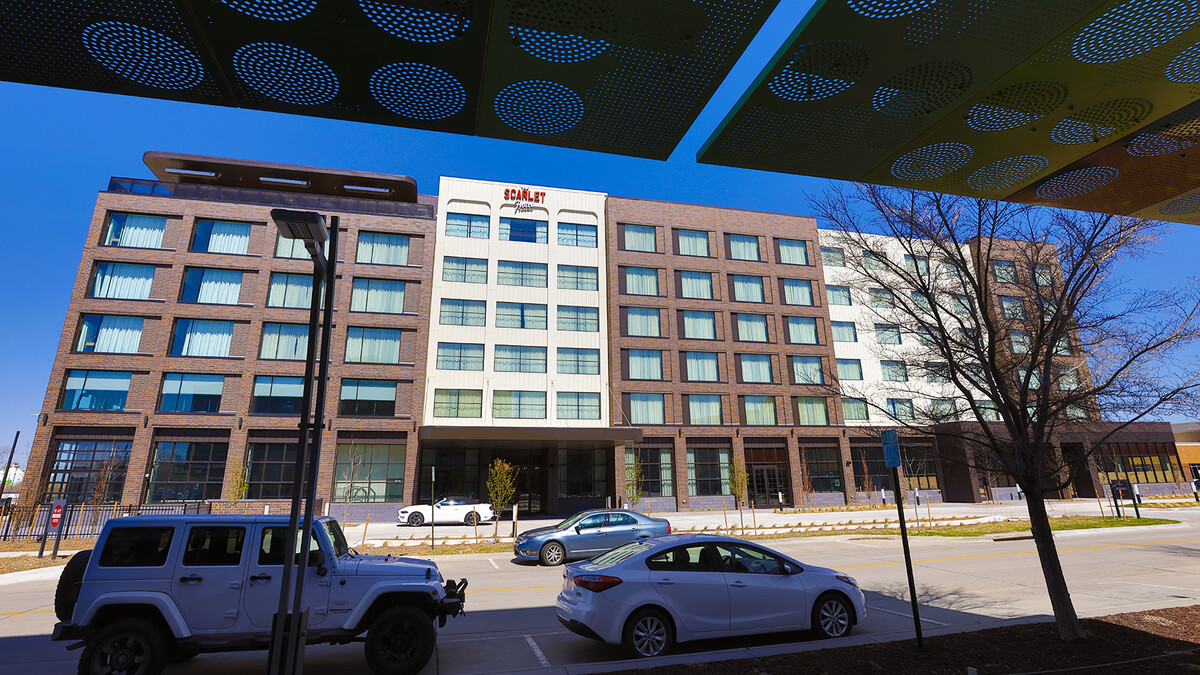 Exterior view of The Scarlet Hotel, a Marriott Tribute hotel located at Nebraska Innovation Campus. The hotel opened in May and will be home to the university's Hospitality, Restaurant and Tourism Management program.