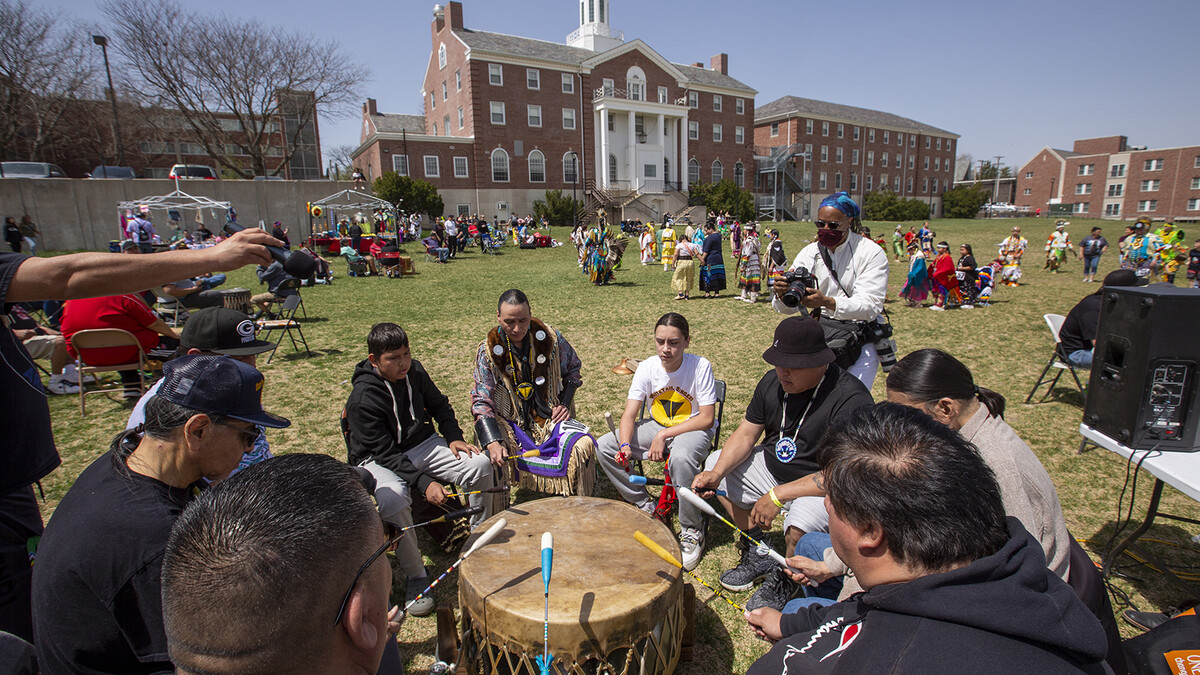 Omaha White Tail performs at the start of the UNITE powwow. The event featured numerous drum groups. Omaha White Tail represented the Southern Drum.