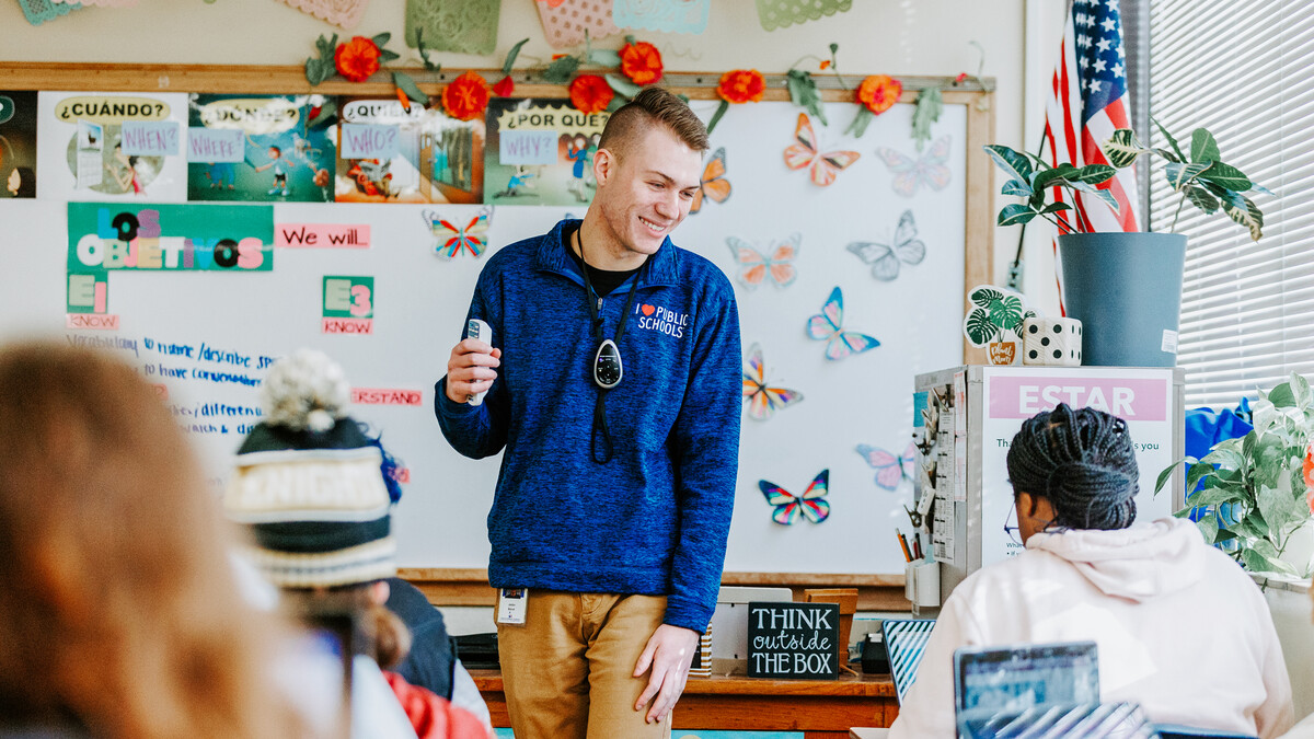 Brandt stands in front of his Spanish class at Lincoln Southeast High School.