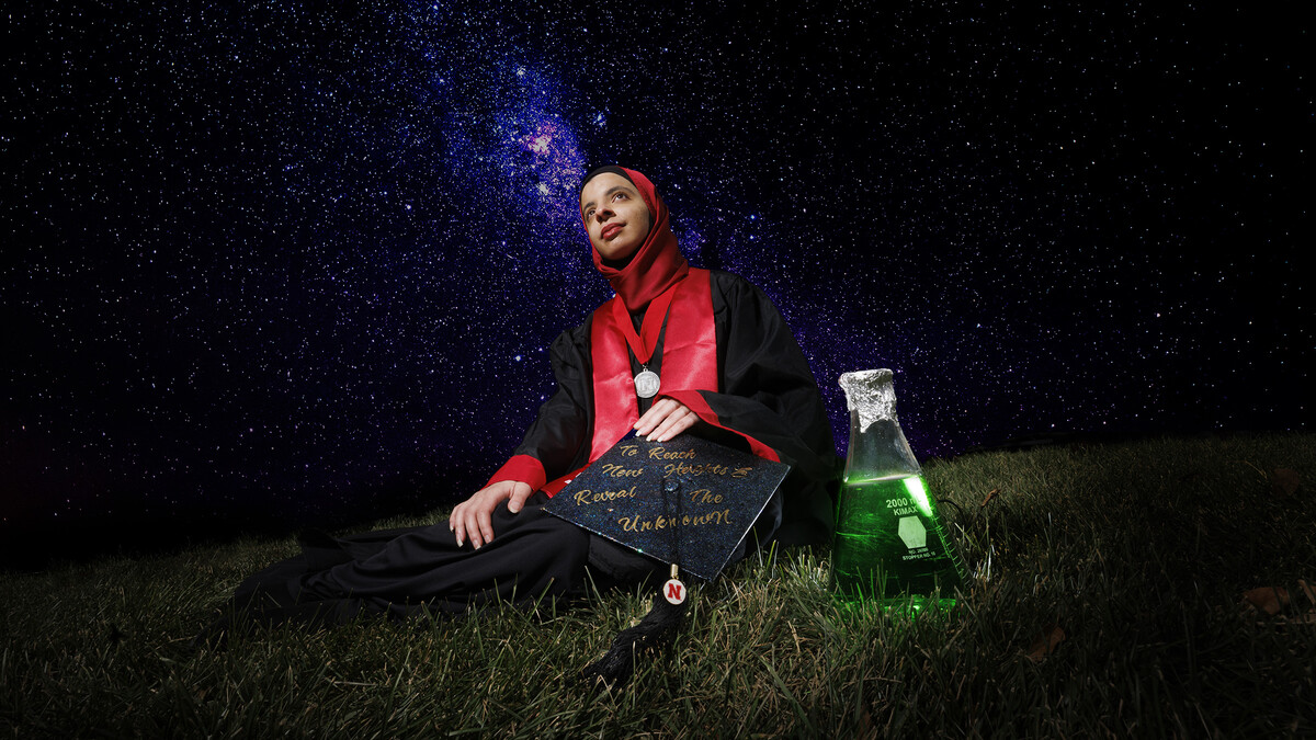 Sukaina Al-Hamedi is graduating with a degree in biochemistry. She interned with NASA and has decorated her mortar board with NASA’s mission statement: “to reach new heights and reveal the unknown”.