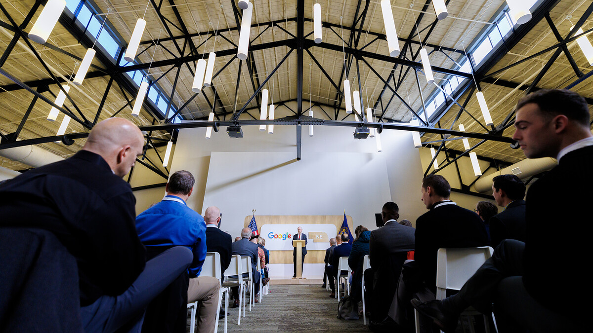 People sit in the Nebraska Innovation Campus convention center during a Nov. 25 press conference. During the event, Google announced a $250,000 gift to the University of Nebraska to advance research and teaching related to artificial intelligence.