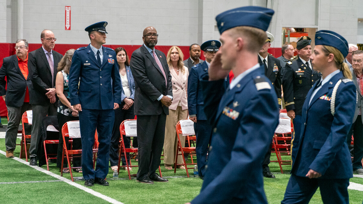 Chancellor Rodney D. Bennett joined members of the military community, faculty, staff, and guests in observing University of Nebraska–Lincoln ROTC cadets as they were honored during the annual Chancellor’s ROTC Review on April 17 in Cook Pavilion. 