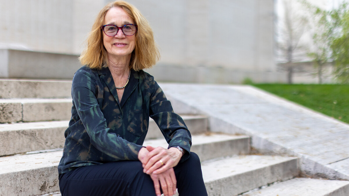Sherilyn Fritz is photographed on the steps of Sheldon Museum of Art.