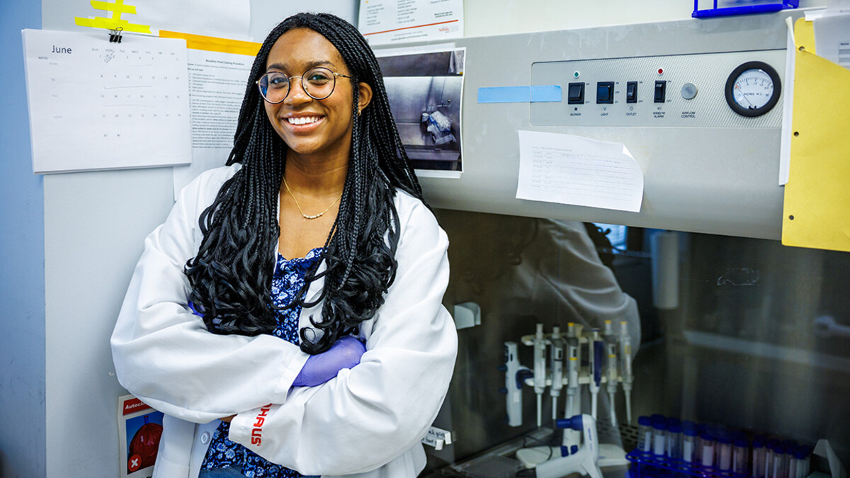 Laila Doyle, a senior Nutritional Science and Dietetics major, poses for a photo in Leverton Hall. Doyle currently works as a researcher with UCARE (Undergraduate Creative Activities & Research Experience).