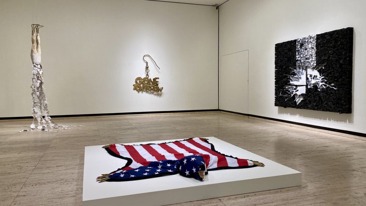 Image caption: Works by Lesley Dill, Nicholas Galanin, Amanda Ross-Ho, and Leonardo Drew are featured in “The Scene Changes: Sculpture from the Collection” at Sheldon Museum of Art.