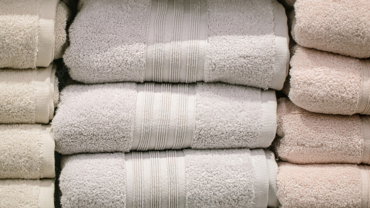 Stacks of towels are placed on a shelf.