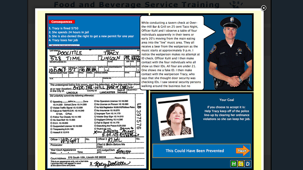 To teach beverage servers about new alcohol regulations in Lincoln, the Office of Distance Education has created a portal that guides users through four scenarios based on real-life situations. After completing the scenarios, users earn an alcohol serving permit.