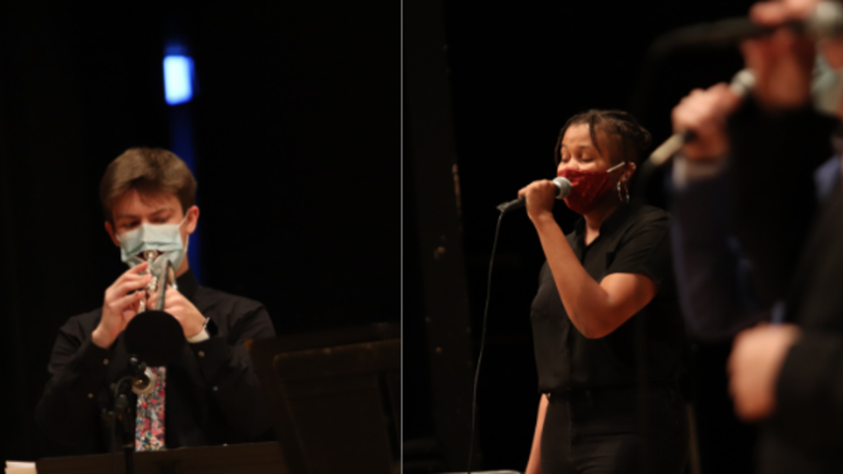 Jazz Orchestra trumpet player Ben Waxberg (left) and Jazz Singer Brannon Evans perform as part of the Fall 2020 concert.