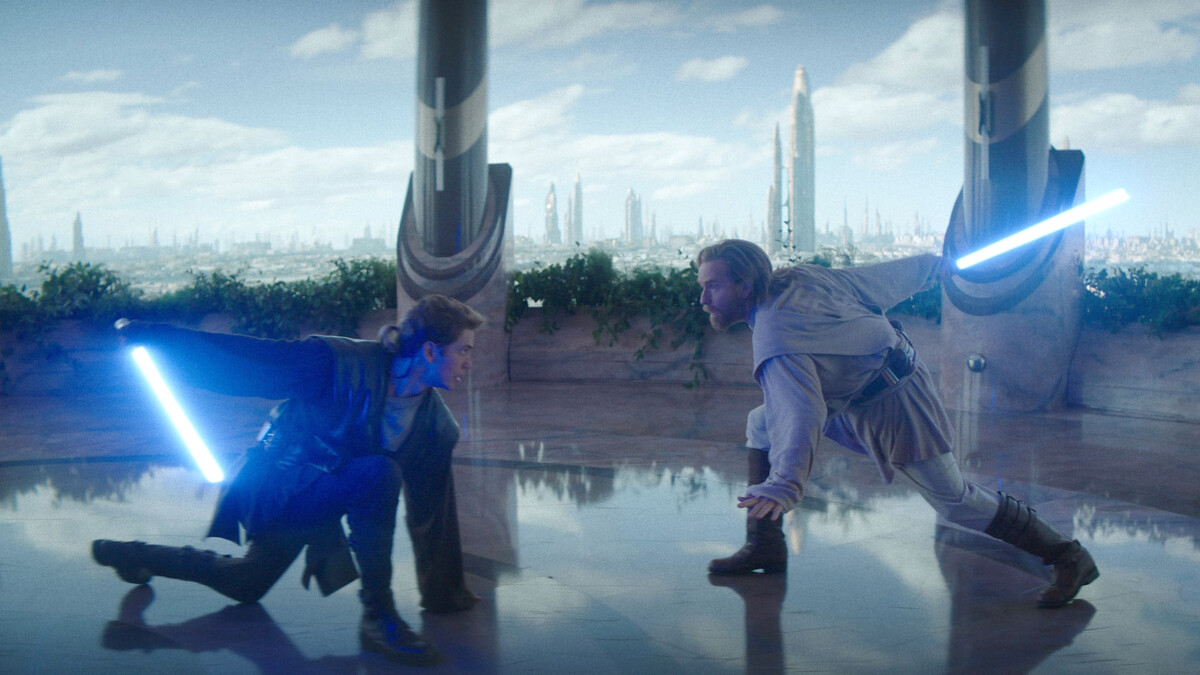 Hayden Christensen (Anakin Skywalker) and Obi-Wan Kenobi (Ewan McGregor) square off in a scene in the fifth episode of the "Obi-Wan Kenobi" series on Disney+. Emerging Media Arts students Sophia Stueven, Ally Hall and Megan Wisenhunt helped create the scene.