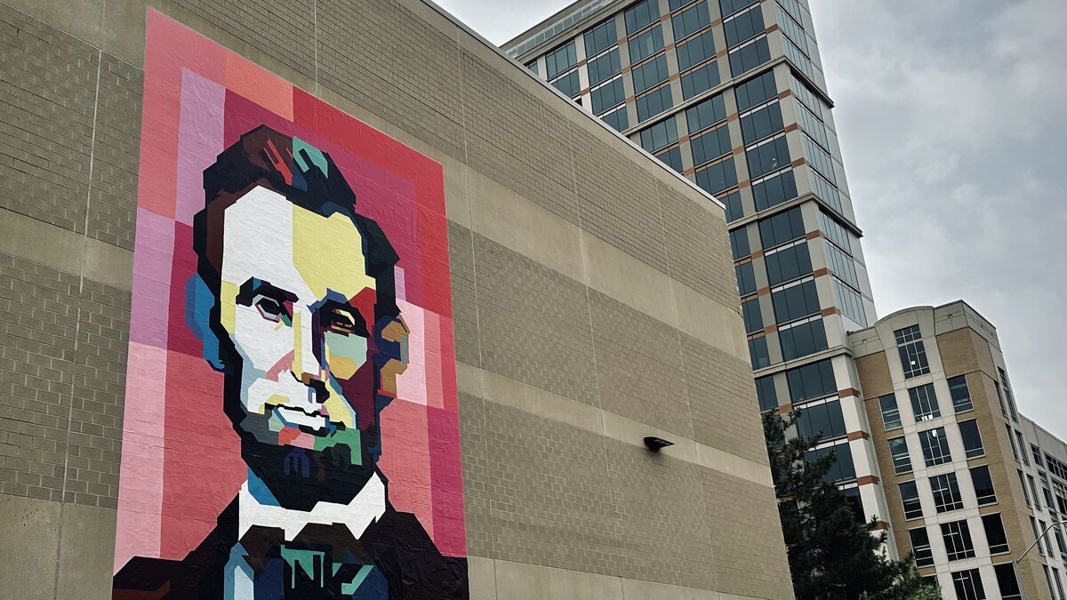 A new mural of former President Lincoln was installed at the Lied Center for Performing Arts on May 12.