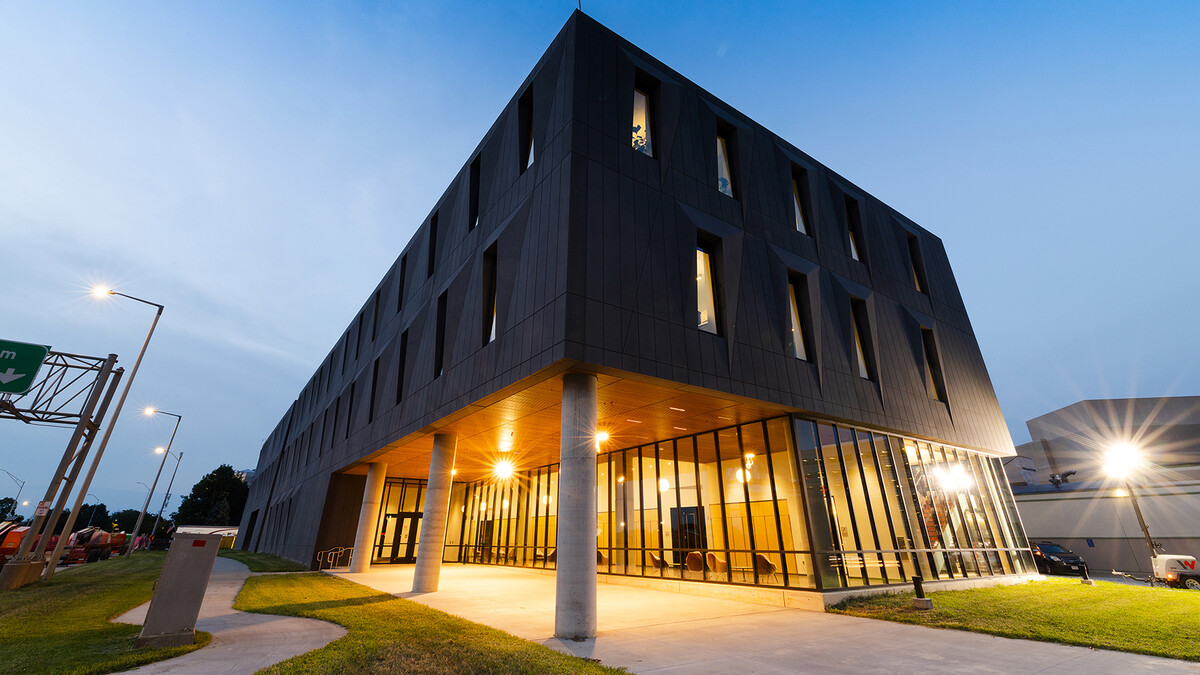 Nebraska's new Westbrook Music Building glows in the early evening on the corner of 10th and Q streets. The new building was made possible with $75 million in support from the Nebraska Legislature through LB384. The new Westbrook Music Building replaces the former facility of the same name, which opened in 1967.