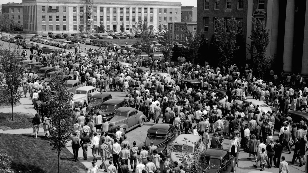 Students participate in the parking riot of 1948. The riot started due to a lack of on-campus parking spaces. The riot started after student veterans, recently returned from World War II, confronted police who were ticketing cars that were double parked on streets. The police responded with tear gas. The students ended up marching around campus before parading down O Street in their cars.