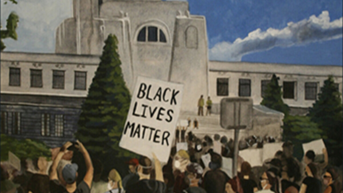 Alyssa Kobza, “Protest at the Capitol,” Gouache on panel, 27”x16”x2”, 2020.