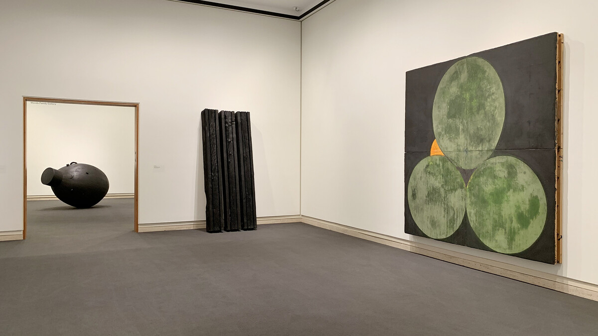 Artworks by Martin Puryear, David Nash, and Donald Sultan are part of "In Conversation: Black" at Sheldon Museum of Art.