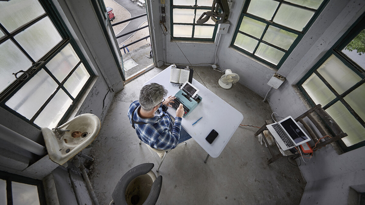 Tim You retyping John Cheever’s Falconer. 211 pages typed on an Olivetti Lettera 32. Decommissioned guard tower at Sing Sing Prison, Ossining, NY, June 2018.