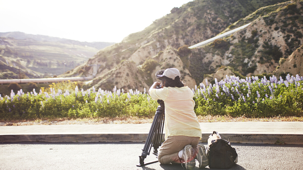 Director Ann Kaneko films the Los Angeles Aqueduct at sunset.