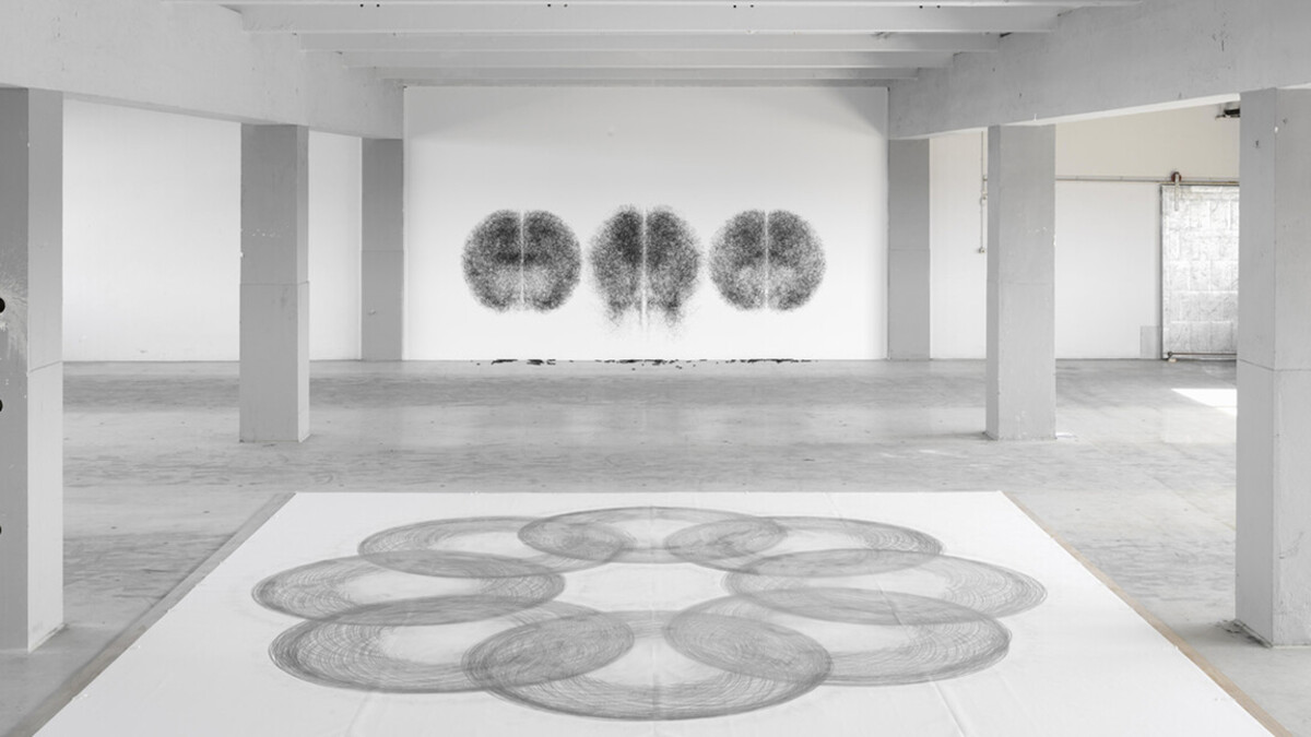 Tony Orrico, “Penwald: 4: unison symmetry standing” (background) and “Penwald: 2: 8 circles” (foreground).