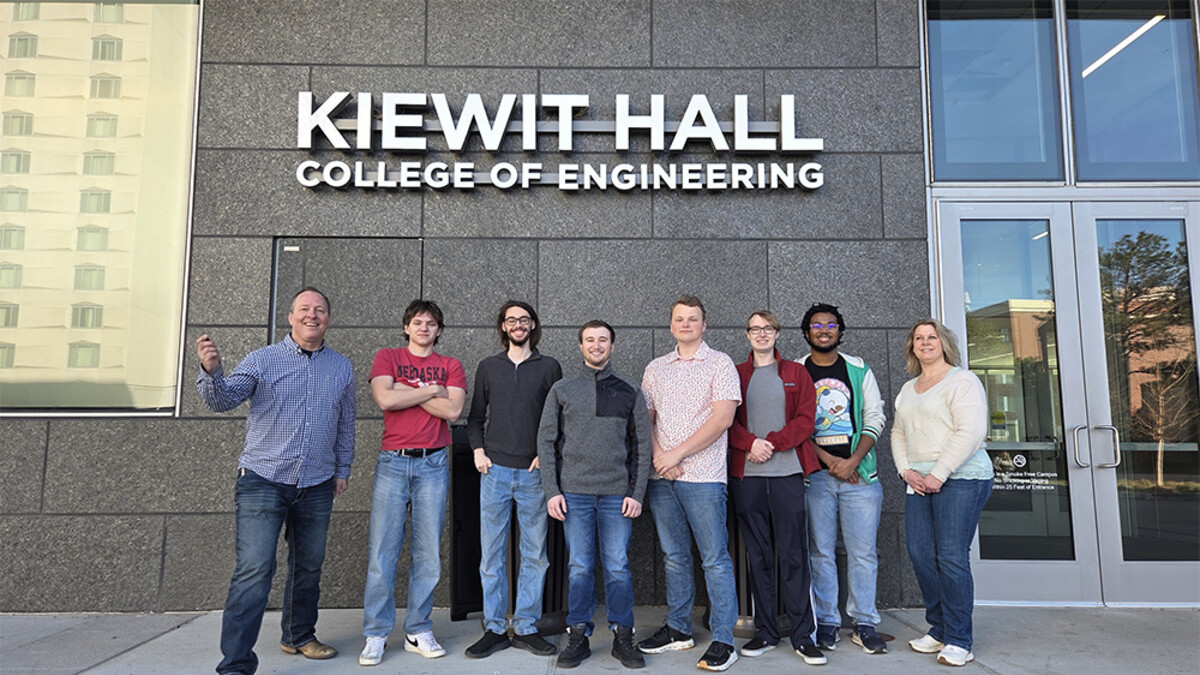 The Husker STEM VR team (from left to right): Jeff Falkinburg, Owen Kreikemeier, Preston Smith, Koen Dietrich, Griffin Schroeder, Owen Robb, Tyrese Walker, and Theresa Krupicka.