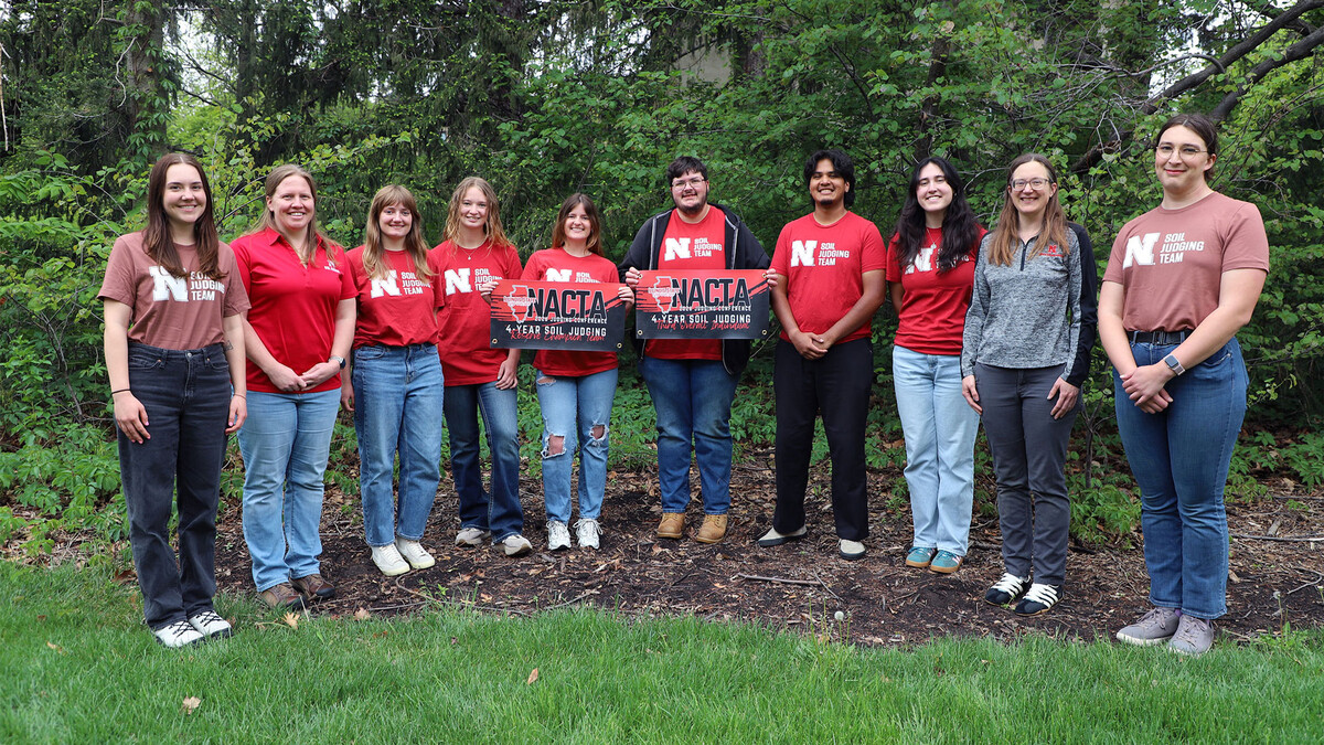The UNL Soil Judging Team and coaches (from left) are Liz Eroshenko, Becky Young, Sydney Honacker, Promise “PJ” Smeal, Anna Newcome, Adrian Cox, Diego Sanchez, Lara Arnold, Judy Turk and Adam Subora.