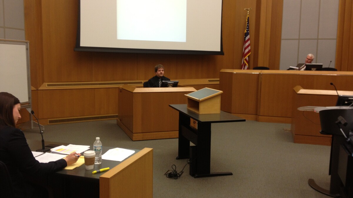 A UNL forensics student is cross-examined by a College of Law student as part of a mock crime scene/court case. The project concludes today.