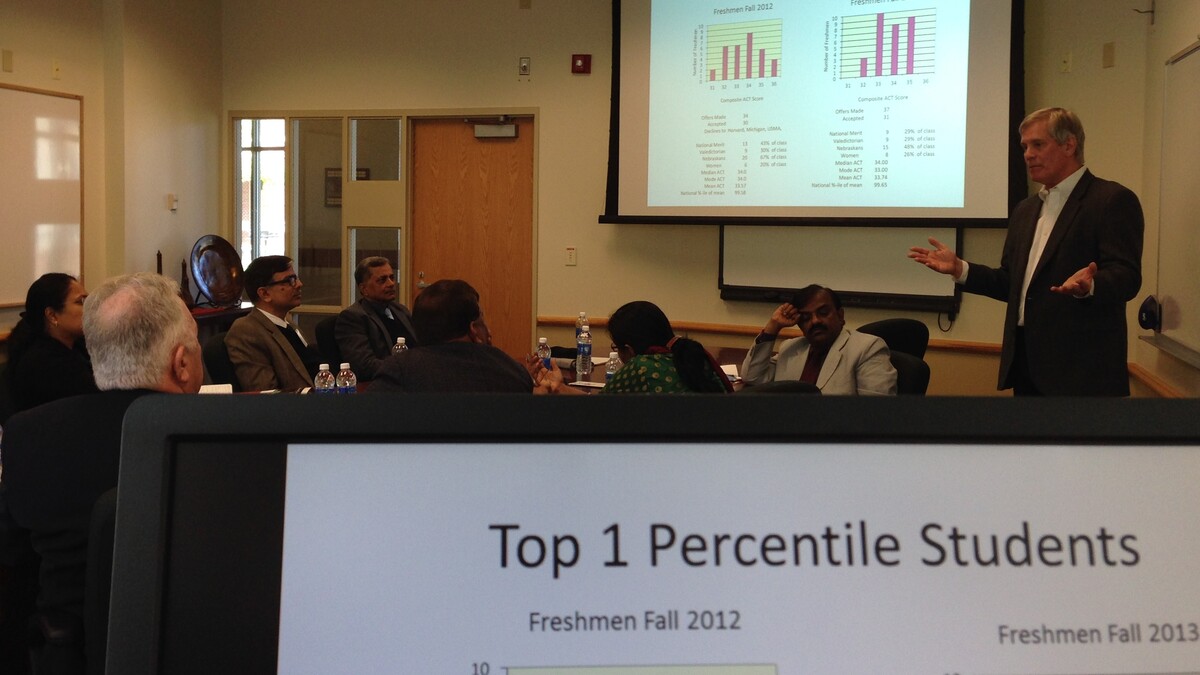 David Keck, director of the Jeffrey S. Raikes School of Computer Science and Management, talks with participants of the Fulbright-Nehru International Education Administrator Program on Oct. 24.