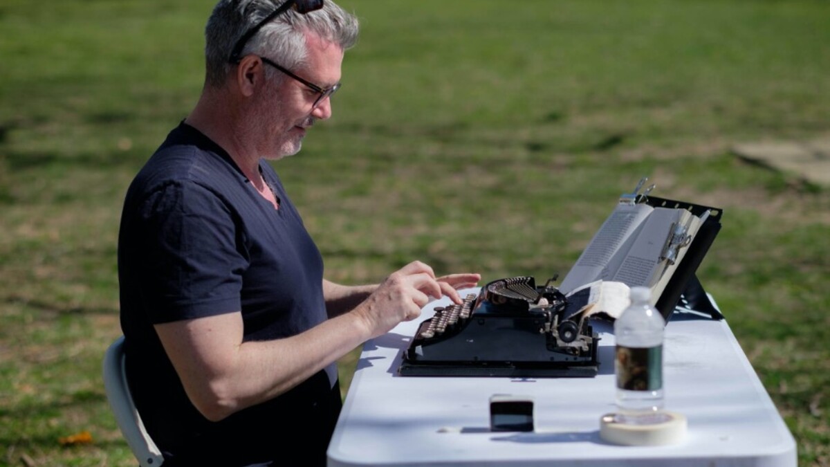 Image credit  Tim Youd retyping Mary McCarthy’s The Group; 487 pages typed on a Remington No. 3; Vassar College, Poughkeepsie, NY, April – May 2018. Photo by Mariana Vincenti for The New York Times.