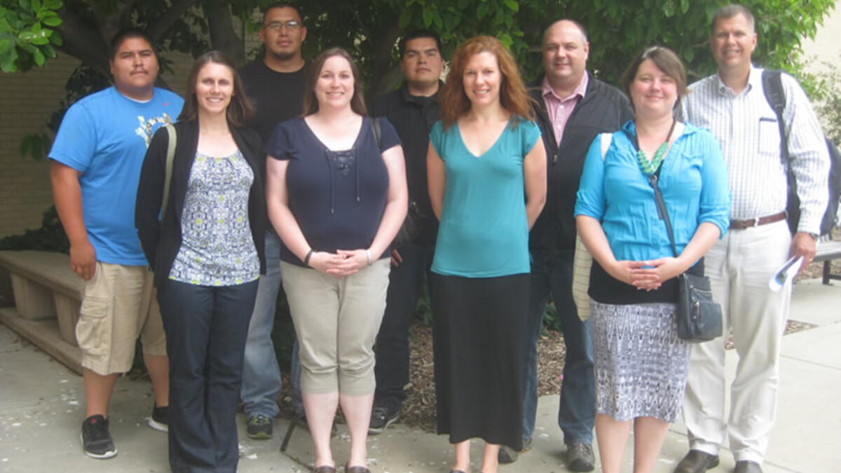 Assembled for hands-on training on producing the Wind River Climate and Drought Summary were, from left, Rollin Ware, Natalie Umphlett, Al C’Bearing, Crystal Stiles, Kenneth Ferris, Martha Shulski, Mark Svoboda, Nicole Wall and Brian Fuchs.